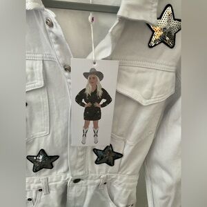 White Denim Dress with Black Star Accents